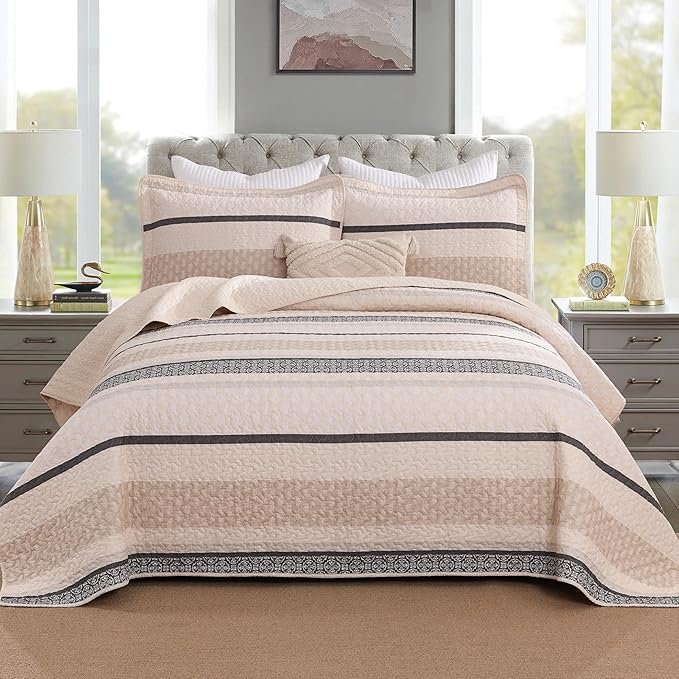 Homzard Quilts Queen Size, Cotton Comforter Set, Beige and Grey Queen Bed Set, Lightweight Striped Bedding, Farmhouse Reversible Bedspread All Season 3 Pieces