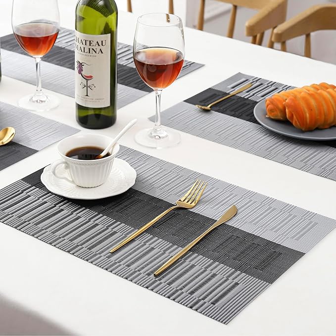 Leetaltree Grey with White Striped Placemats Set of 6 - Heat Resistant Non-Slip Place mats for Dining Table, Washable Durable PVC Vinyl Woven Table Mats(Grey Stripe, 6)