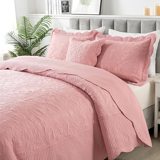 HoneiLife California King Quilt - Oversized King Bedspreads 128x120, 4-Piece Cal King Quilt Sets,Rustic Bedding Sets King Size,Reversible Coverlets Lightweight Bed Cover for All Season Use-Pink