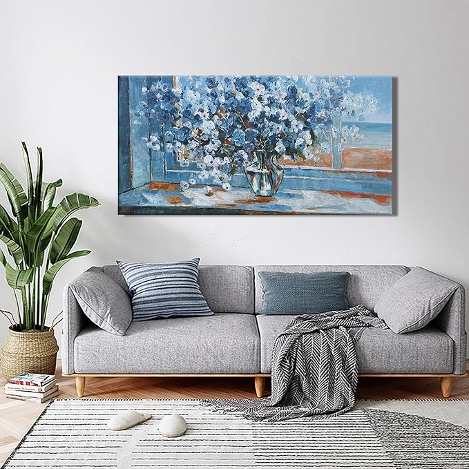Wall Art Canvas Artwork Blue Flowers Pictures Wall Decor Canvas Prints Suitable For Living Room, Office, Bedroom, Kitchen, Can Be Hung Directly 20x40 Inch