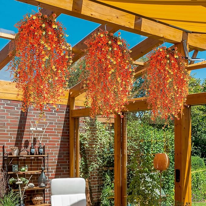 6 Pcs Artificial Fall Hanging Flowers Outdoor Silk Mum Plants Autumn Decor Faux Violet with Eucalyptus Realistic UV Resistant Trailing Vine Thanksgiving Porch Yard(Vivid Color,Eucalyptus)