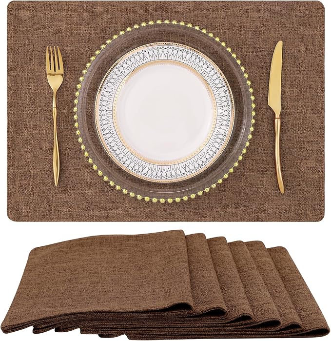homing Brown Cloth Placemats Set of 6 – Cotton Linen Blend Washable Farmhouse Dining Table Mats for Indoors & Outdoors, Easy to Clean, 13 x 19 Inch