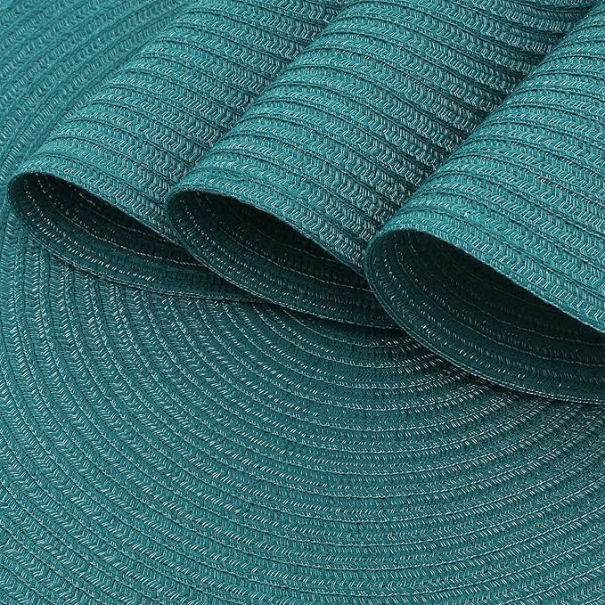 SHACOS Round Placemats Set of 6 Washable 15 inch Round Table Mats Cotton Polyester Woven Braided Place Mats for Dining Table, Teal Green