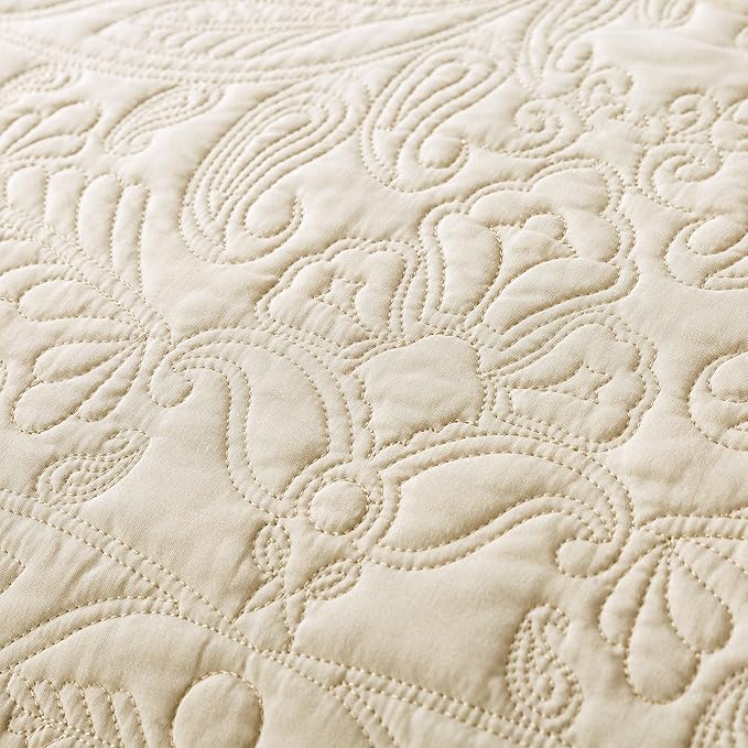 HoneiLife Quilt Set King Size - 3 Piece Embroidered Microfiber Bedspread Reversible Coverlet Lightweight Bedcover Paisley Pattern Bedding Set All Season Quilts-Khaki