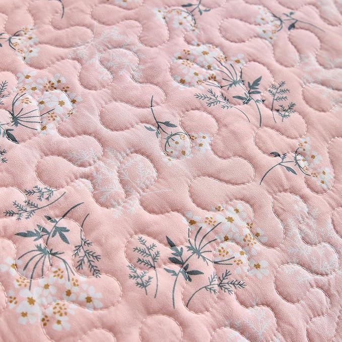 mixinni 3 Pieces Queen Size Comforter Set, Vibrant Colors Pink Floral Bedspread Coverlet Set, Summer Quilted Bed Set for All Season-(Includes 1 Quilt, 2 Pillow Shams)