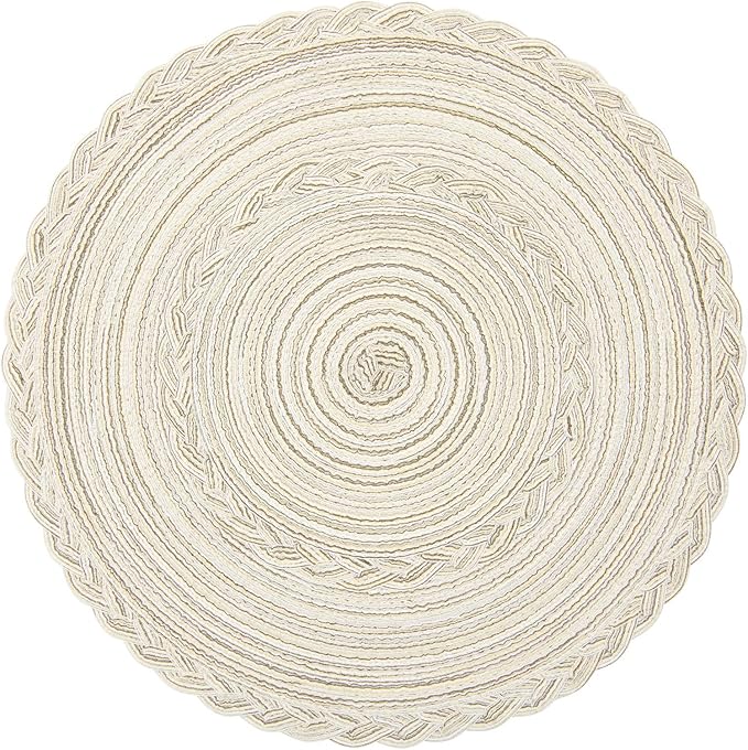 SHACOS Round Placemats Set of 6 Boho Braided Bordered Placemats 15 inch for Dining Tables Wedding Holiday Party (Ivory Bordered, 6)
