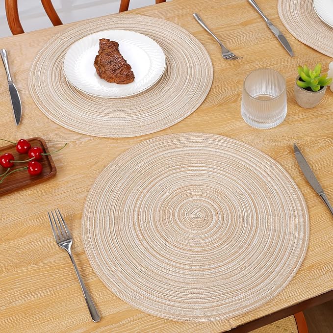 SHACOS 15 inch Beige Round Placemats Set of 12 for Dining Table Woven Braided Circle Place Mats Kitchen Placemat Washable Table Mats