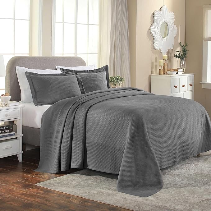 Superior Solitaire Cotton 3 Piece Bedspread Set, Home Bed Decor, Decorative Textured Bed Spread, 2 Pillow Shams, Airy Blanket, Matelasse Coverlet Bedding, All-Season Accent Blanket, Queen, Grey