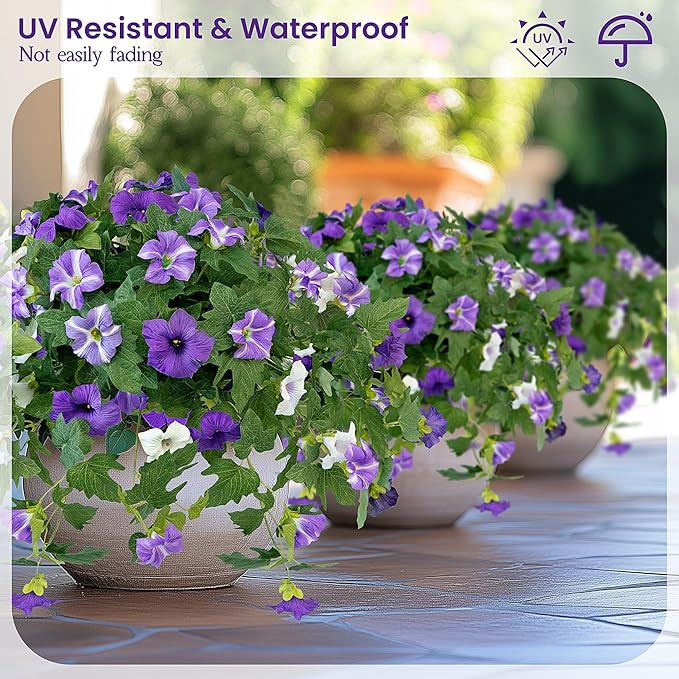 Artificial Flowers for Outdoors, 2PCS Realistic Fake Silk Petunias UV Resistant No Fade Spring Floral, Faux Flowers for Outdoor Garden Windowsill Patio Porch Home Decor, Purple White