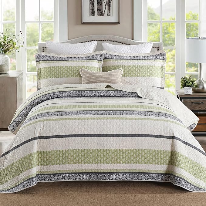 Homzard Quilts Queen Size,Cotton Queen Comforter Set,Green Beige Grey Quilt Bedspread Set,Striped Bedding,Cotton Lightweight Bed Comforter All Season 3 Piece