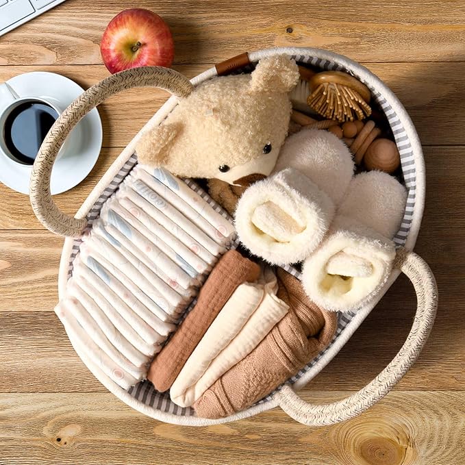 Baby Changing Basket Includes Diaper Caddy - Breathable & Waterproof Dual-Cover, Portable, Changing Pad for Dresser & Changing Table, Gift for Baby Shower, Cotton Rope Basket for Baby