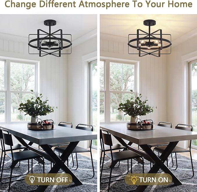 5-Light Black Ceiling Light Fixture, 12.6'' Farmhouse Industrial Semi Flush Mount Ceiling Light, Modern Geometric Metal Ceiling Lamp for Entryway Hallway Kitchen Bedroom Dining Room