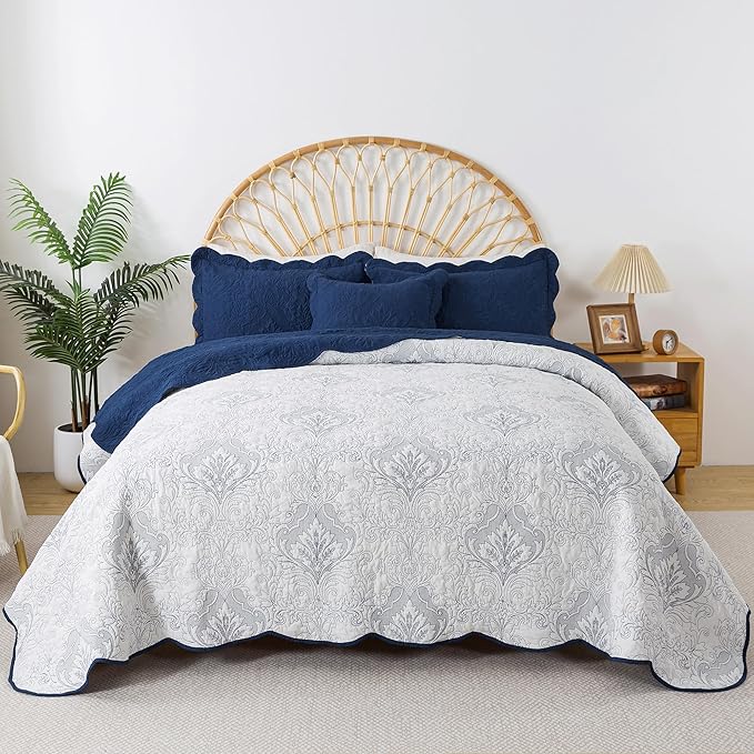 HoneiLife Quilt Sets King Size - Microfiber Bedspreads for King Bed, 3-Piece Lightweight Coverlets, Retro Bed Cover King Quilt Bedding Set All Season Quilts-Navy