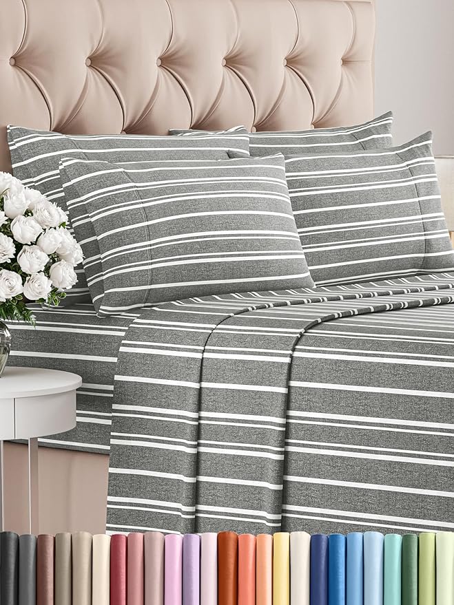 CGK Linens King 6 Piece Sheet Set - Cooling Sheets for Hot Sleepers - Hotel Luxury Bedding Set with 8-16 Inch Deep Pockets - 1 Flat & 1 Fitted & 4 Pillowcases - Soft and Wrinkle Free - Grey Stripes