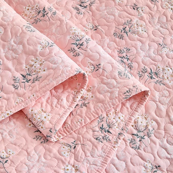mixinni 3 Pieces Queen Size Comforter Set, Vibrant Colors Pink Floral Bedspread Coverlet Set, Summer Quilted Bed Set for All Season-(Includes 1 Quilt, 2 Pillow Shams)