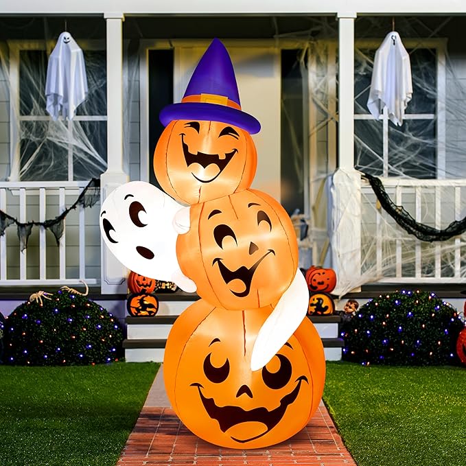 Joiedomi 6 FT Tall Halloween Inflatable Outdoor Decorations, Pumpkin Inflatable Halloween Decor Outdoor, Blow Ups Ghost and Pumpkins with Witch Hat for Cute Decorations Outdoor