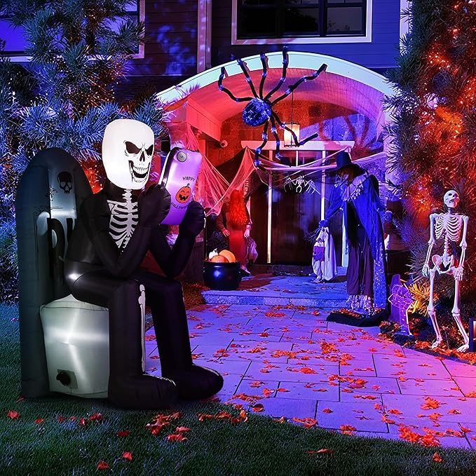 BLOOMWIN 6.1 FT Halloween Inflatable Outdoor Decoration Skeleton & Tombstone Halloween Inflatable Blow Up Yard Decorations with LEDs for Halloween Holiday Party Outdoor Garden Yard Lawn Indoor Decor