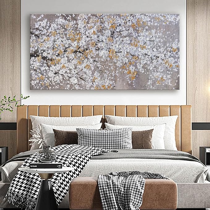 Large Botanical Wall Art Floral Canvas Landscape Wall Art Textured Picture Abstract Botanical Modern Gold White Print Artwork For Living Room Bedroom Office Home Decor 30"X60"