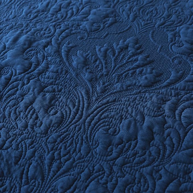 HoneiLife Queen Quilt Bedding Set - Microfiber Quilt Sets for Queen Bed, 3-Piece Lightweight Bedspreads,Reversible Coverlets Rustic Bed Cover, Floral Bedding Set All Season Quilts-Navy