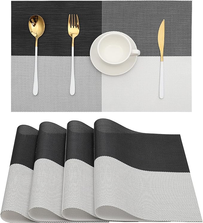 HeloHo Placemats Set of 4 Black and White Grid PlacematsPlacemats Washable Vinyl Woven Table Mats Wipeable Dining Placemat for Kitchen Dining Table Decoration Indoor Outdoor