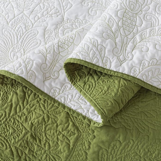 HoneiLife Queen Quilt Bedding Set - Microfiber Quilt Sets for Queen Bed, 3-Piece Lightweight Bedspreads,Reversible Coverlets Rustic Bed Cover, Floral Bedding Set All Season Quilts-Olive Green