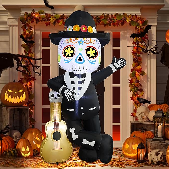 Joliyoou 6FT Halloween Inflatable Decoration, Lighted Blow Up Skeleton with A Guitar, Plug-In Holiday Indoor Outdoor Standing Decor for Spooky Party Day of the Dead (Skeleton Leaning Against A Guitar)