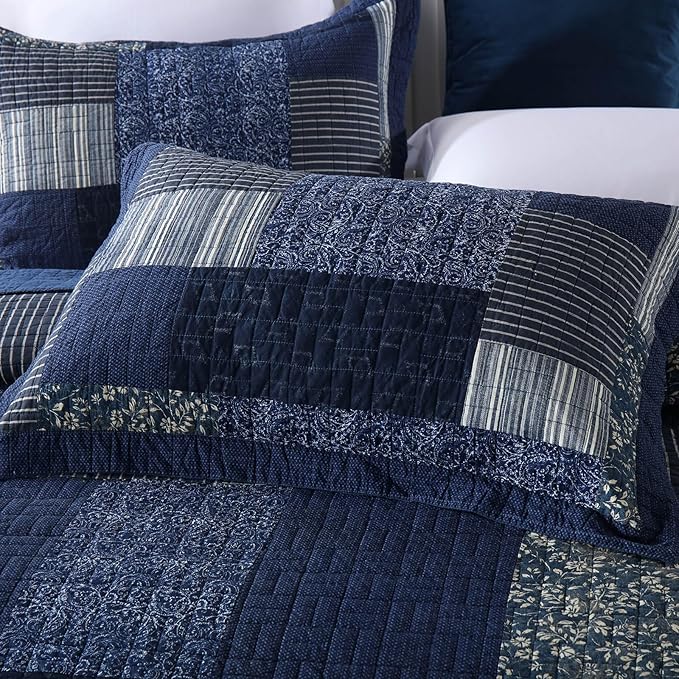 mixinni Navy Blue Quilt Set Queen Size, 100% Cotton Farmhouse Patchwork Plaid Floral Bedding Set, 3-Piece Reversible Lightweight Bedspread Coverlet Set for All Season (88"x92")