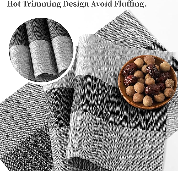 Leetaltree Grey with White Striped Placemats Set of 6 - Heat Resistant Non-Slip Place mats for Dining Table, Washable Durable PVC Vinyl Woven Table Mats(Grey Stripe, 6)
