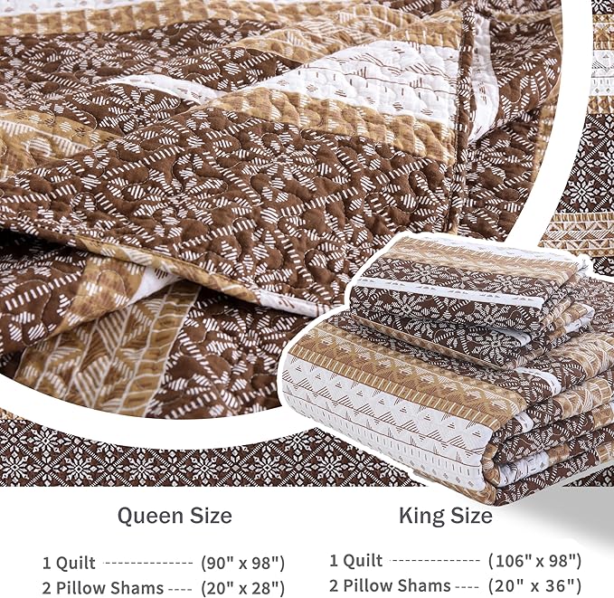 Homzard Brown Quilts Queen Size,Boho Cotton Comforter Set Queen Size,Brown White Snowflake Striped Quilted Bedspread Set,Bohemian Lightweight Comforter Bedding with 2 Pillow Shams