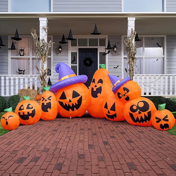 Joiedomi 12.5 FT Halloween Inflatable Pumpkin Outdoor Decorations, Blow Up Yard Decorations with Witch Hat, 9 Pcs Blow Up Pumpkin Inflatable with Built-in LEDs for Halloween Decor