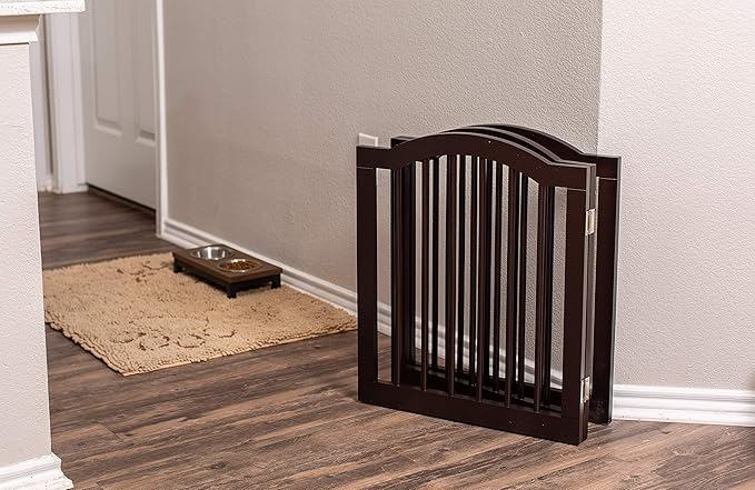 INTERNET'S BEST Arched Top Dog Gate | 3 Panel, 24" H Wooden Pet Barrier for Dogs or Cats | Freestanding Folding Room Divider for Doorways, Hallways, Stairs, and Porch | Portable, Extra Wide | Espresso