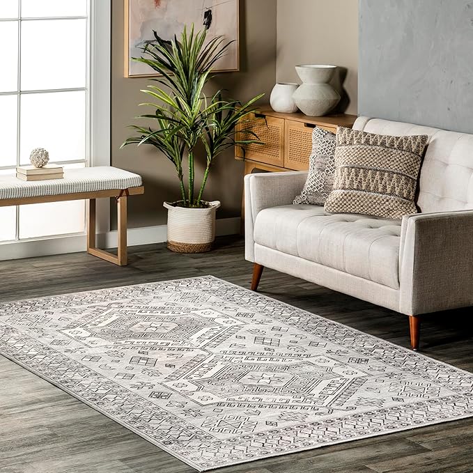 nuLOOM 5' x 8' SpinClean Machine Washable Stain-Resistant Area Rug with Non Slip Backing, Low Profile for Living Room, Bedroom, and Dining Room, Mae Grey