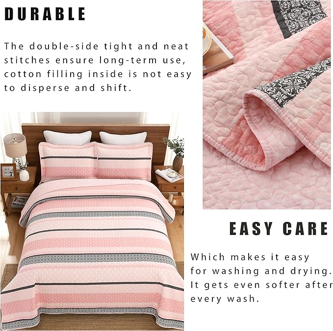 Homzard King Size Comforter Set, Cotton Quilt,Light Pink and Grey Bedding Set,Lightweight Striped Bedspread, Reversible Coverlet King Size (106"X98") with 2 Pillow Shams All Season