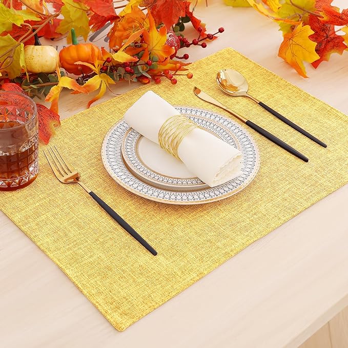 homing Mustard Yellow Cloth Placemats Set of 6 – Cotton Linen Blend Washable Farmhouse Dining Table Mats for Fall & Thanksgiving, Easy to Clean, 13 x 19 Inch