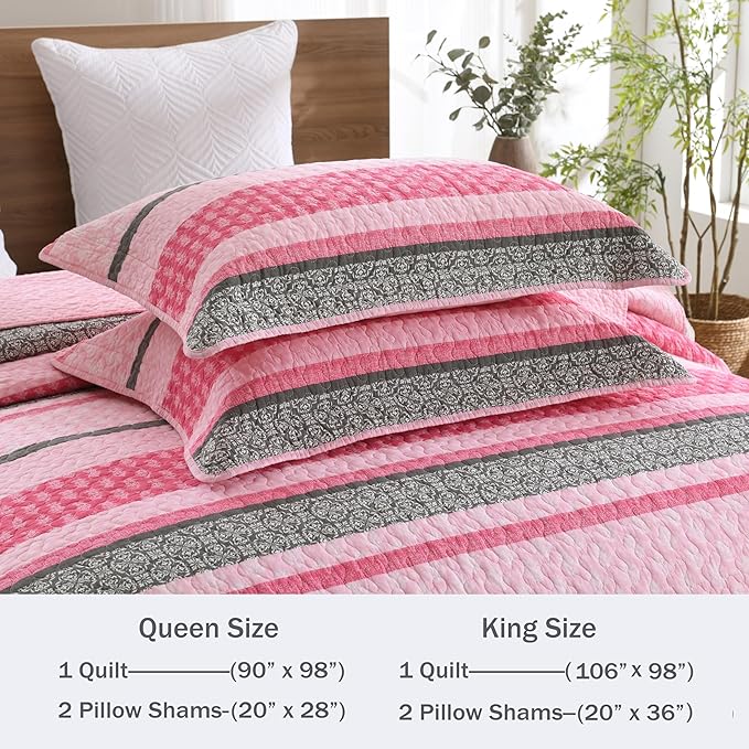 Homzard King Size Comforter Set, Cotton Quilt, Hot Pink Grey Bedding Set,Lightweight Striped Bedspread, Reversible Coverlet King Size (106"X98") with 2 Pillow Shams All Season