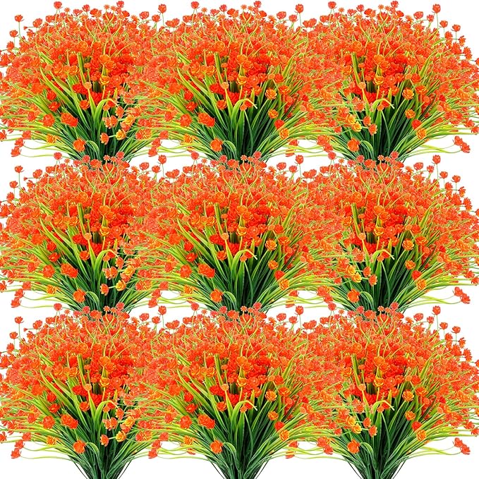 Hoteam 50 Bundles Fall Outdoor Artificial Flowers Plants Uv Resistant Outside Faux Flowers Plastic Fake Plants Outdoor Summer Seasons Decoration Shrubs Garden Porch, Orange