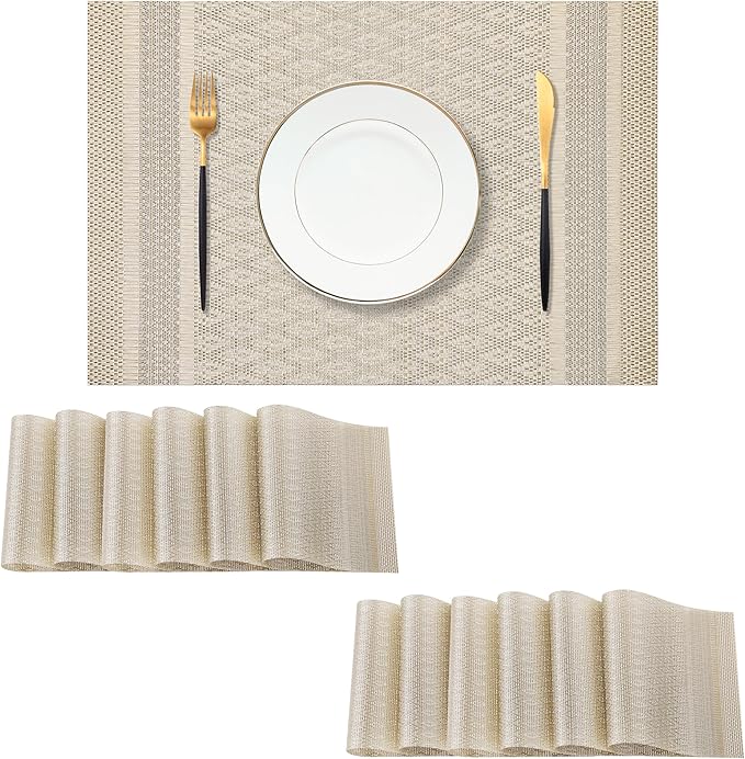 Leetaltree Stardust Yellow Placemats Set of 12 - Heat Resistant Non-Slip Place mats for Dining Table, Washable Durable PVC Vinyl Woven Table Mats(Stardust Yellow, 12)