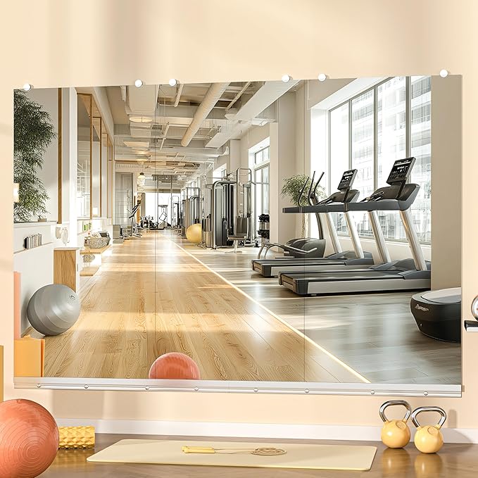 Hasipu Home Gym Mirror, 48"x24" Each, 3-Pack Frameless Wall Mounted Mirrors with Glass Clamps & Aluminum Rail, Large Body Mirror for Home Gym, Yoga Studio, Bedroom, Silver Tempered Glass