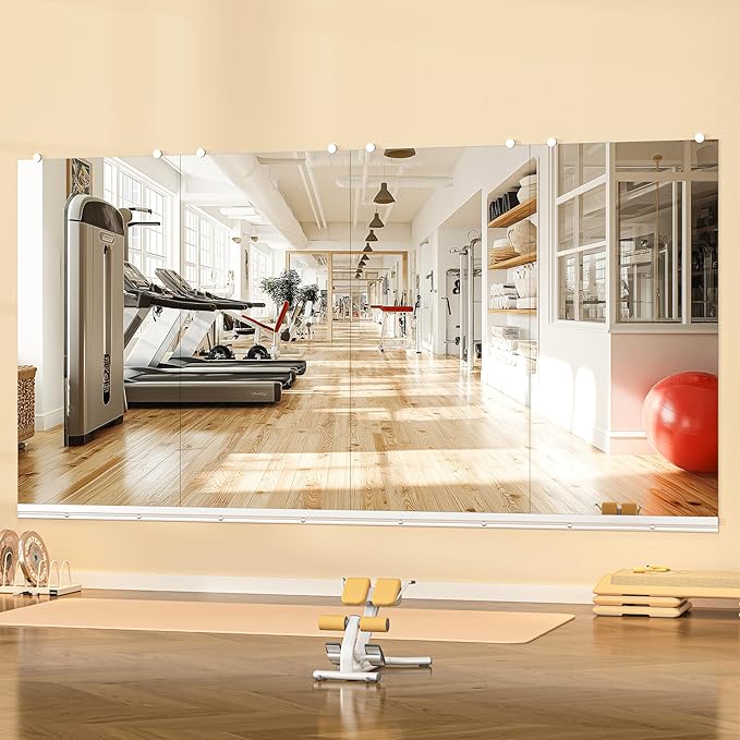 Hasipu Home Gym Mirror, 48"x24" Each, 4-Pack Frameless Wall Mounted Mirrors with Glass Clamps & Aluminum Rail, Large Body Mirror for Home Gym, Yoga Studio, Bedroom, Silver Tempered Glass