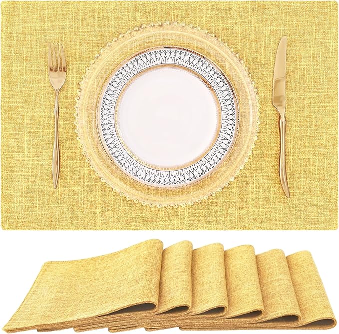 homing Mustard Yellow Cloth Placemats Set of 6 – Cotton Linen Blend Washable Farmhouse Dining Table Mats for Fall & Thanksgiving, Easy to Clean, 13 x 19 Inch