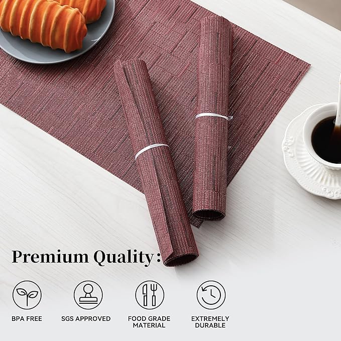 Leetaltree Burgundy Placemats Set of 12 - Heat Resistant Non-Slip Place mats for Dining Table, Washable Durable PVC Vinyl Woven Table Mats(Burgundy, 12)