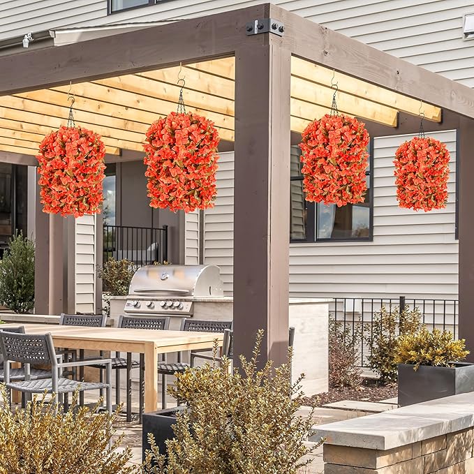 Bougainvillea Artificial Fall Flowers Fake Plants for Outdoors Autumn Decoration, 3PCS Faux Silk Hanging Trailing Vines with Baskets UV Resistant Realistic for Front Door Patio Balcony, Fall Orange