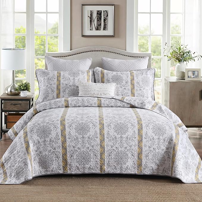 Homzard Quilts Queen Size - Cotton Comforter Set,White Grey Yellow Striped Quilt Bedspread Set,Paisley Bedding Queen Size and Two Pillow Shams
