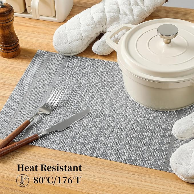 Leetaltree Lunar Grey Placemats Set of 12 - Heat Resistant Non-Slip Place mats for Dining Table, Washable Durable PVC Vinyl Woven Table Mats(Lunar Grey, 12)