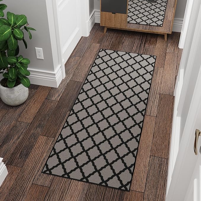 Ottomanson Glamour Collection Non-Slip Rubberback Moroccan Trellis Design 2x6 Indoor Runner Rug, 2'2" x 6', Dark Gray