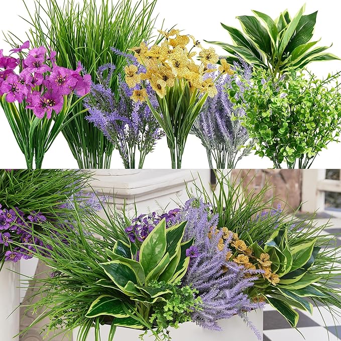 25Pcs Outdoor Artificial Boxwood UV Resistant Fake Stems Plants, Faux Plastic Greenery for Indoor Outside Hanging Plants Garden Porch Window Box Home Wedding Farmhouse Décor