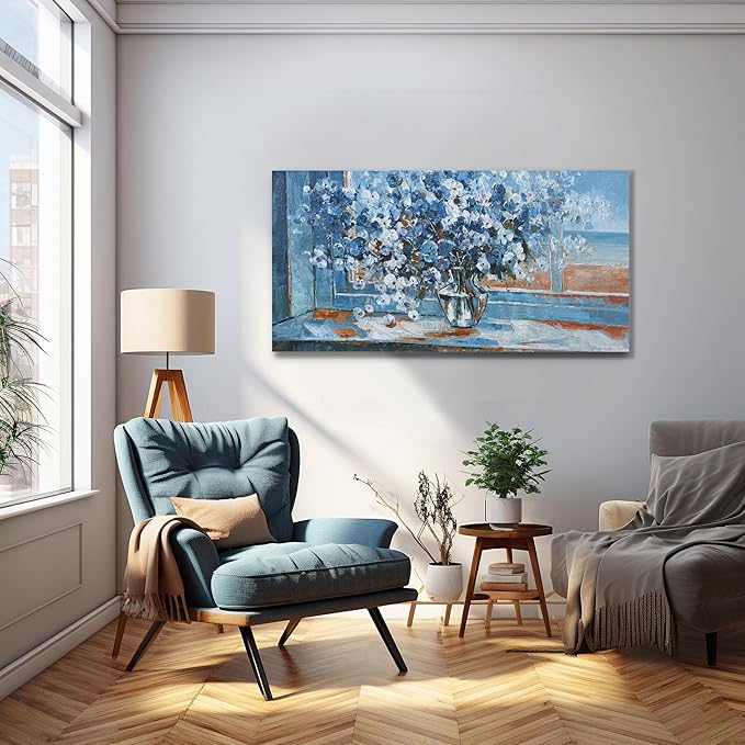 Wall Art Canvas Artwork Blue Flowers Pictures Wall Decor Canvas Prints Suitable For Living Room, Office, Bedroom, Kitchen, Can Be Hung Directly 20x40 Inch