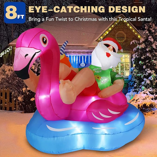 8 FT Hawaiian Santa on Flamingo Pool Float Christmas Inflatables Outdoor Decorations, Christmas Blow Up Santa Claus Yard Decorations for Garden Lawn Xmas Decor