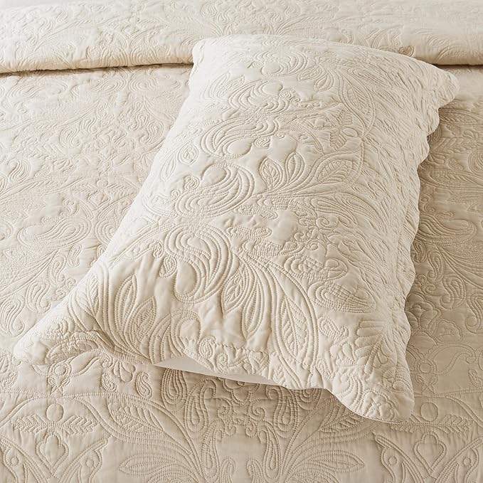 HoneiLife Quilt Set King Size - 3 Piece Embroidered Microfiber Bedspread Reversible Coverlet Lightweight Bedcover Paisley Pattern Bedding Set All Season Quilts-Khaki