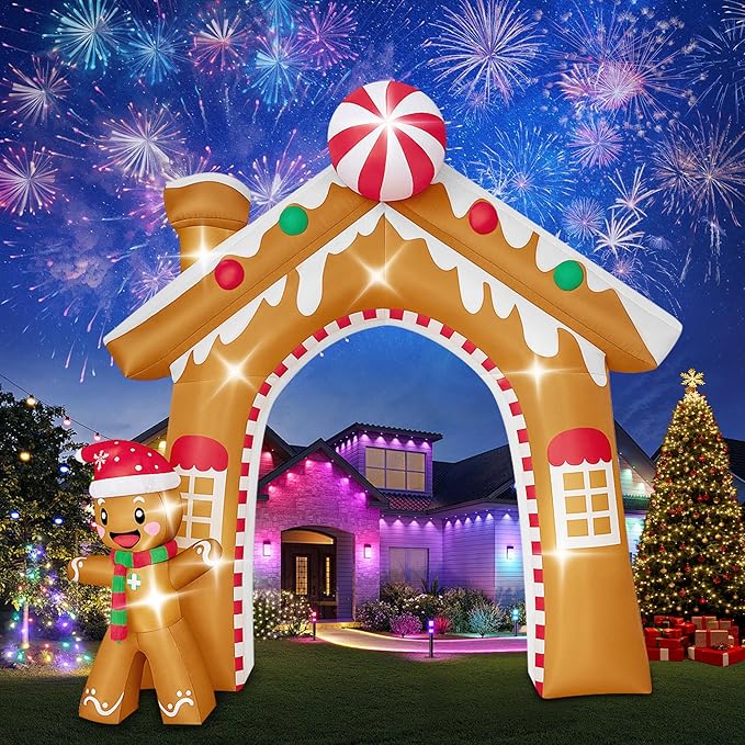10FT Christmas Inflatable Archway Outdoor Decorations, Giant Blow Up Gingerbread House and Man Arch Yard Decoration, Xmas Decor Build-in LED Lights for Garden Lawn Yard Porch Holiday Party